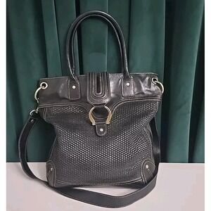 Kate Landry Black Leather and Woven Shoulder Bag